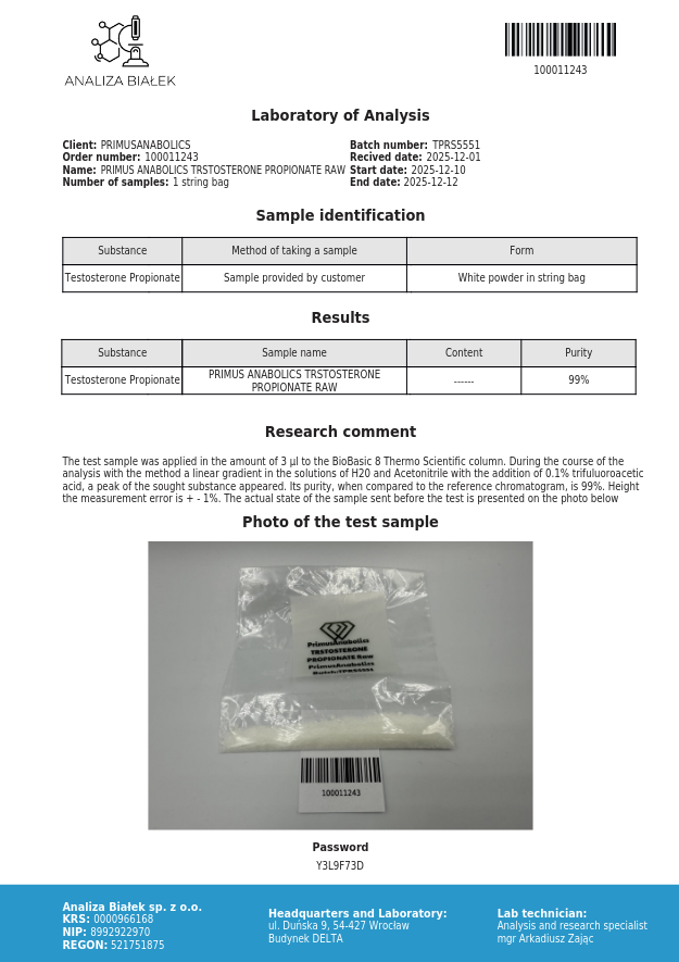 Análisis RAW Testosterona Propionato